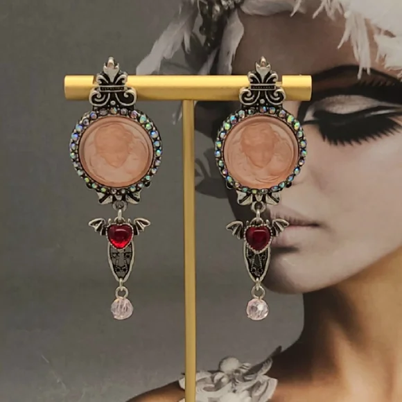 Vintage Signed Kirks Folly Whimsical Pink Cameo Crystal Ornate Silver Earrings